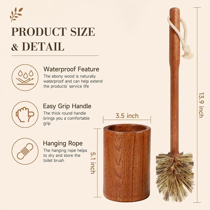 Wooden Toilet Brush and Holder, 13.9'' Long Handle Toilet Scrubber | Durable Ebony Wood, Natural & No Plastic, Moderate Hardness Bristles, No scratch, Stable Holder, Decoration for Bathroom
