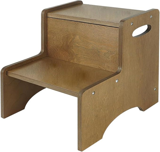 Toddler Step Stool for Kids, Wooden Brown Two Step Children's Stool with Handles, Bonus Non-Slip Pads for Safety, Bathroom Potty Stool & Kitchen Step Stools Dual Height