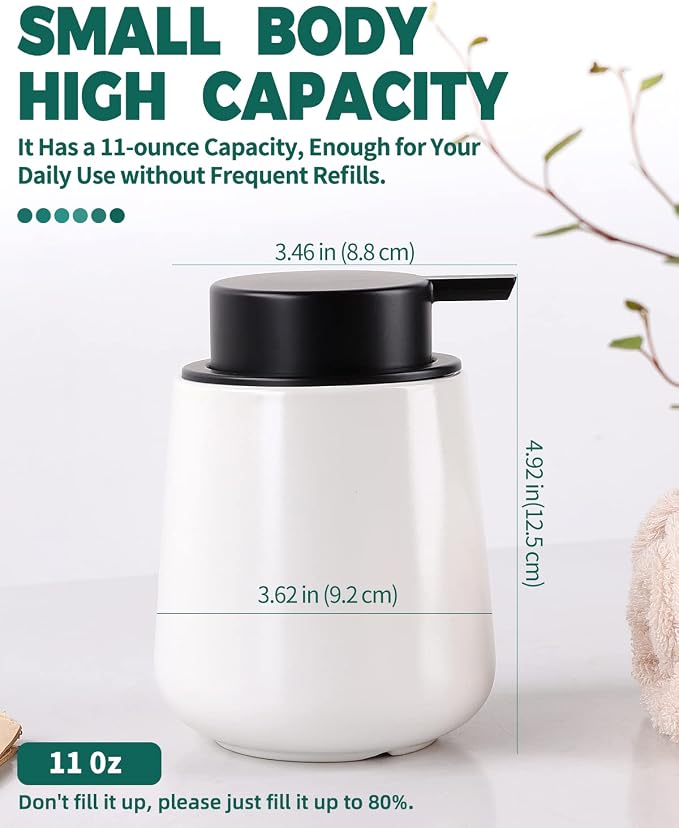BosilunLife Ceramic Soap Dispenser - Dish Soap Dispenser for Bathroom 12Oz | Refillable Liquid Hand Wash Dispenser for Essential Oil, Lotion Soap, Matte White