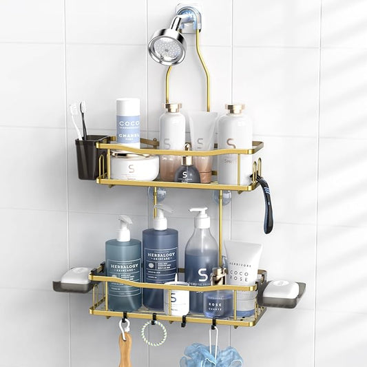 Hanging Shower Caddy Over Shower Head - No Drill Rustproof Shower Rack | Includes Soap Holder and Hooks for Shampoo, Conditioner, and Bathroom Essentials with Stable Storage in Any Shower Space