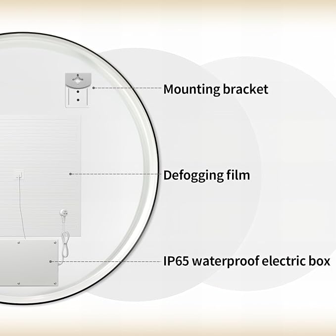 36" Round LED Bathroom Mirror, Wall Mounted Backlit Vanity Mirror with 45° Beveled Frame Lighted Mirror for Bedroom, Fog Free 3-Color Dimmable Lights Memory Function, Black