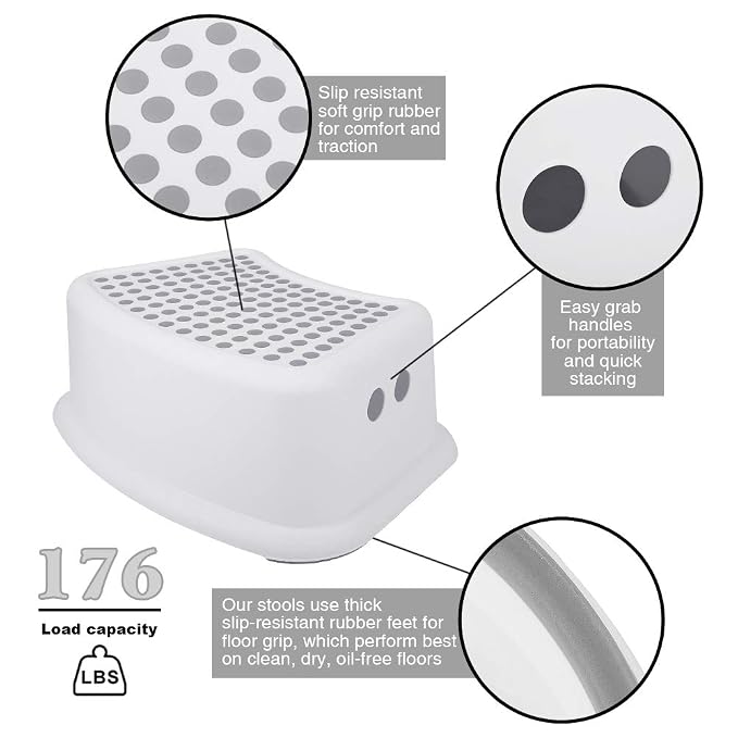 Step Stool for Kids (2 Pack), Toddlers Stool for Potty Training, Bathroom, Kitchen, Bedroom, Toy Room and Living Room. Toilet Stools with Soft Anti-Slip Grips for Safety, Stackable (Grey)