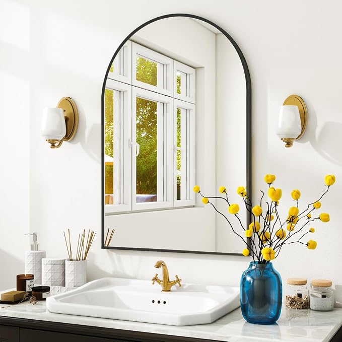 Arched Wall Mirror, 20 x 30 inch Arch Bathroom Mirror, Wall Mounted Vanity Mirror with Arch Metal Frame, Modern Bathroom Vanity Mirror for Bedroom, Living Room, Hanging or Leaning, Black