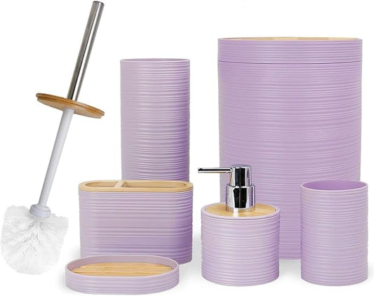 CERBIOR Bamboo Bathroom Accessories Set 6 Piece Spiral Bath Ensemble,Purple | Includes Soap Dispenser, Toothbrush Holder, Toothbrush Cup, Soap Dish for Decorative Countertop and Housewarming Gift