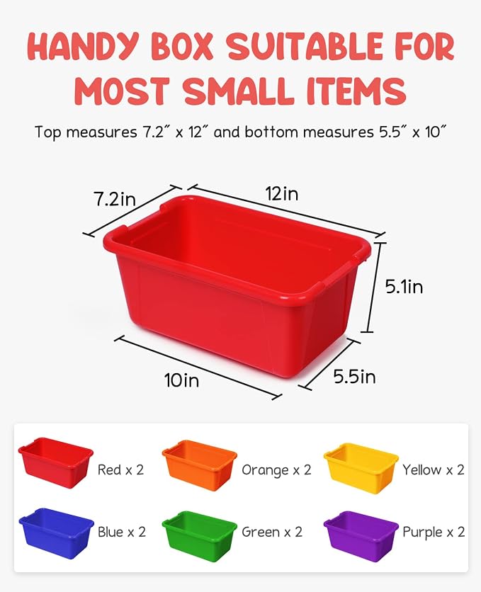 GAMENOTE 6 Quart Stackable Plastic Storage Bins with Lids,12 Pack, Colorful | Stackable 6-quart bins with lids organize classroom supplies, crafts, toys and building blocks for Classroom & Kids Toy