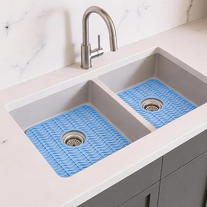 Dependable Industries Inc. Essentials 2 Pack Plastic Sink Protector Mat with Center Drain Cutout Protect Sink and Glasses and Dishes from Scratches and Breaks 12" x 11" (Light Blue)