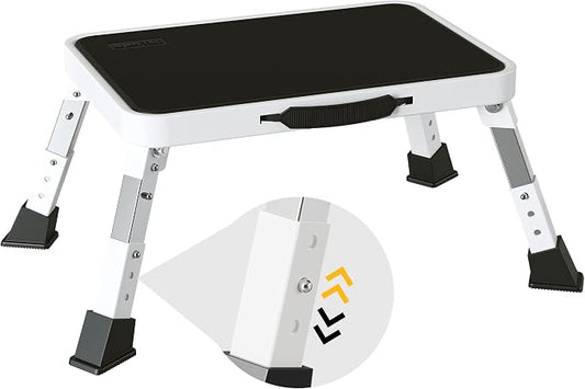 BONTEC Folding Step Stool, 3-Level Adjustable Metal Step Stool, 330lbs | Heavy Duty Folding Foot Stool with Anti-Slip Pedal and Locking Legs, Portable Stepping Stool for Kids, Kitchen, Home, White