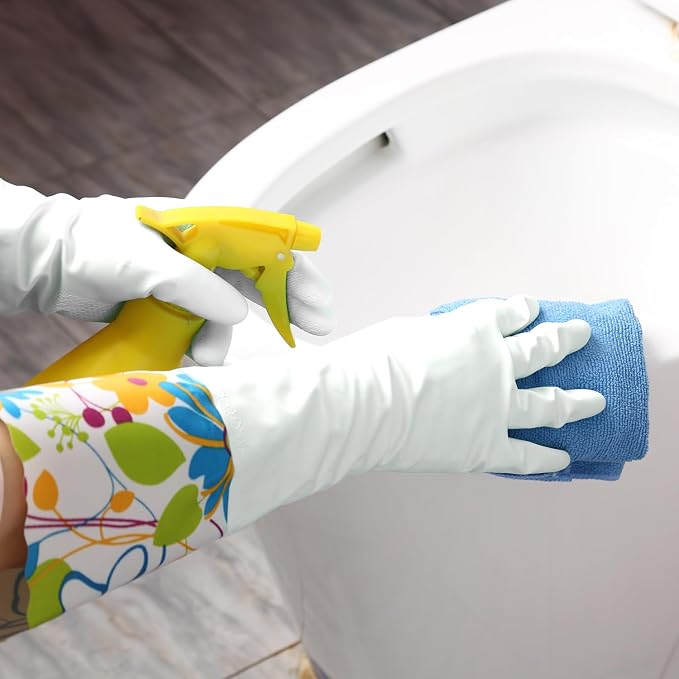 Bamllum 16-Inch Latex-Free Cleaning Gloves, Cotton Flocked Liner, Medium | Reusable Dishwashing Gloves with Long Cuffs and a Non-Slip Grip, in Pink and Yellow
