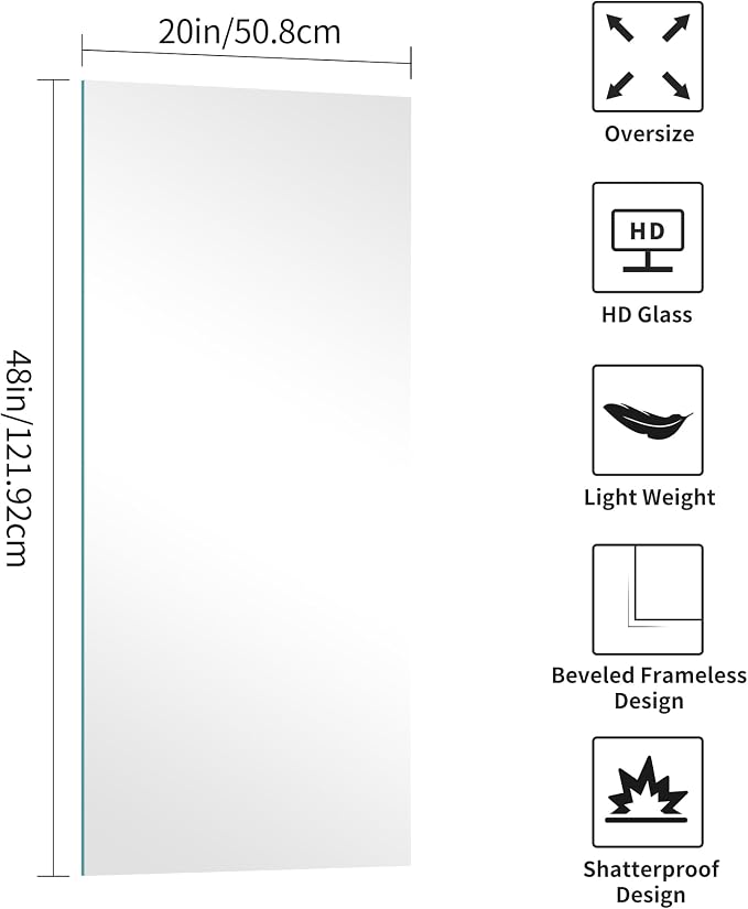 KOCUUY Frameless Mirror, 20x48 Inch Bathroom Mirrors for Over Sink, Large Rectangle Unframed Wall Mirror with Polished Edge, Upgraded 3mm Tempered Glass, Horizontally or Vertically