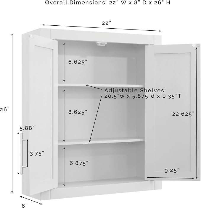 Crosley Furniture Savannah Wall Mounted Bathroom Storage Medicine Cabinet with Shelves, Snow