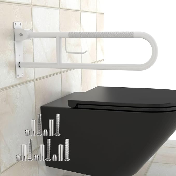 32 Inch U Shaped Toilet Grab Bars, Munzong White Flip-Up Support Rail | Anti-Slip Bathroom Grab Bar with Paper Holder Stainless Steel Knurled Handicap Safety handrails for Elderly Disabled
