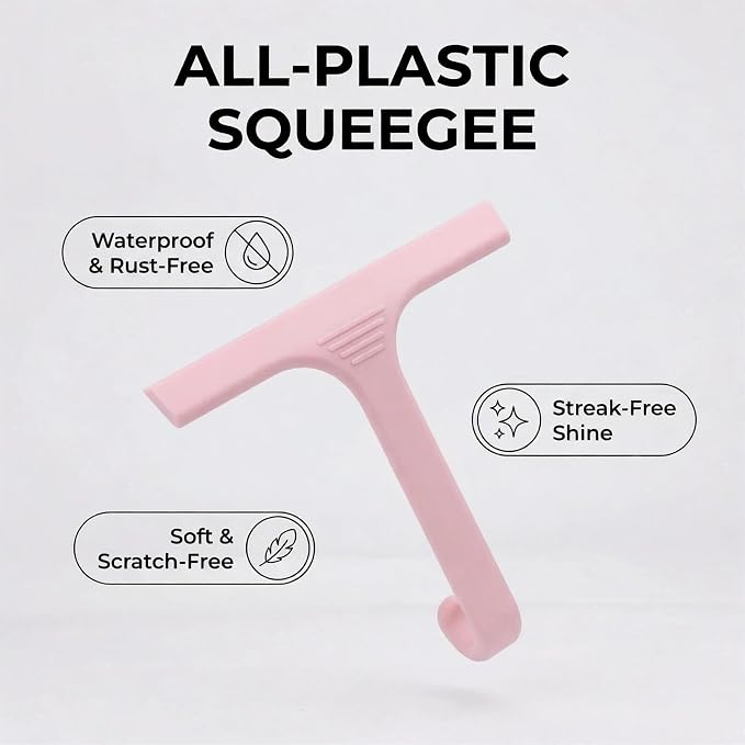 Silicone Shower Squeegee - All-in-One Design with Built-in Hook, 10 Inch Streak-Free Bathroom and car Cleaner for Glass Doors, Mirrors, Windows, Tiles Pink
