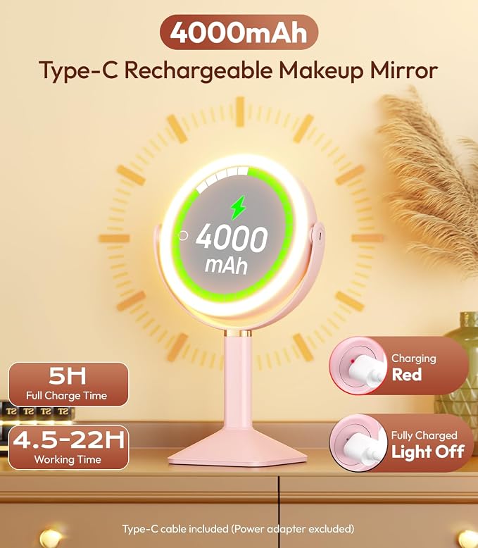Lighted Makeup Mirror with Lights and Magnification 30X/1X, Height Adjustable 30X Magnifying Vanity Mirror with 4000mAh Battery & 3 Colors Dimming Light for Desktop Bathroom Bedroom (Pink)