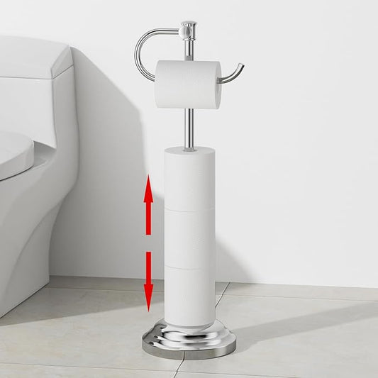 RUMOSE Toilet Paper Holder Stand for Floor Free Standing, Chrome | Bathroom Freestanding Toilet Tissue Roll Holder with Storage, Adjustable 17-25 Inch, Rustproof, SUS304 Stainless Steel