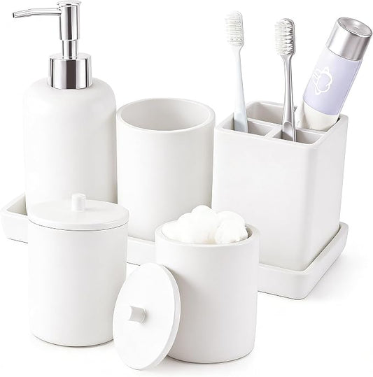Resin 6 Pcs White Bathroom Set Complete with Toothbrush Holder, Lotion Soap Dispenser, 2 Qtip Holder Dispensers,Vanity Tray,Bathroom Tumbler - Countertop Vanity Organizer - Bathroom Accessories Set