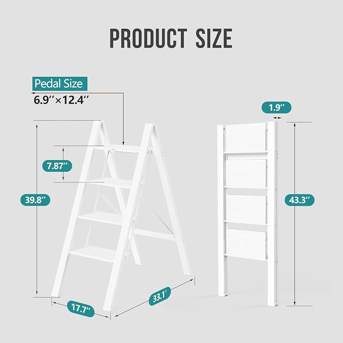 4 Step Foldable Step Stool, 300lbs Load, White | Folded 43''H x 2''T; Net 9.9 lbs; Non-Slip Feet: Wood/Tile/Carpet; Rigid Aluminum Steps; No Assembly; Ready From Box.
