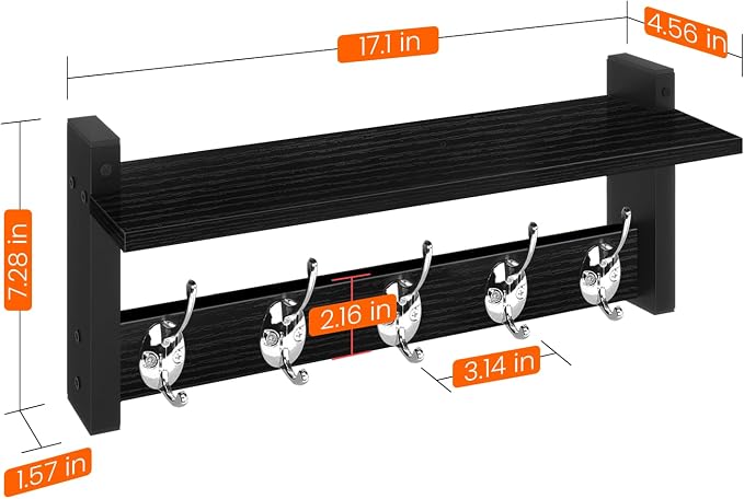 Wall Coat Rack With Shelf, Wood Entryway Hanger With Hooks, Small Floating Pegs for Hanging Coats, Hats, Purses, Backpacks, Black