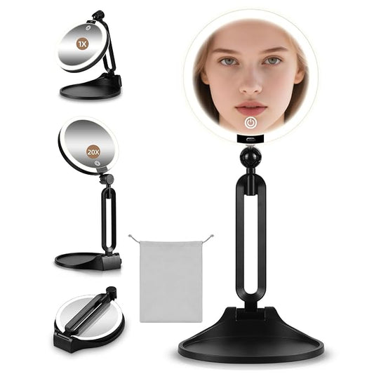 20X/1X Makeup Magnifying Mirror with Lights, 6inch Double-Sided LED Mirror | 1X/20X Makeup Magnified Mirror, Desktop 20X Magnification Rechargeable 3 Color Dimmable Light, 360° Adjustable Rotation Angle