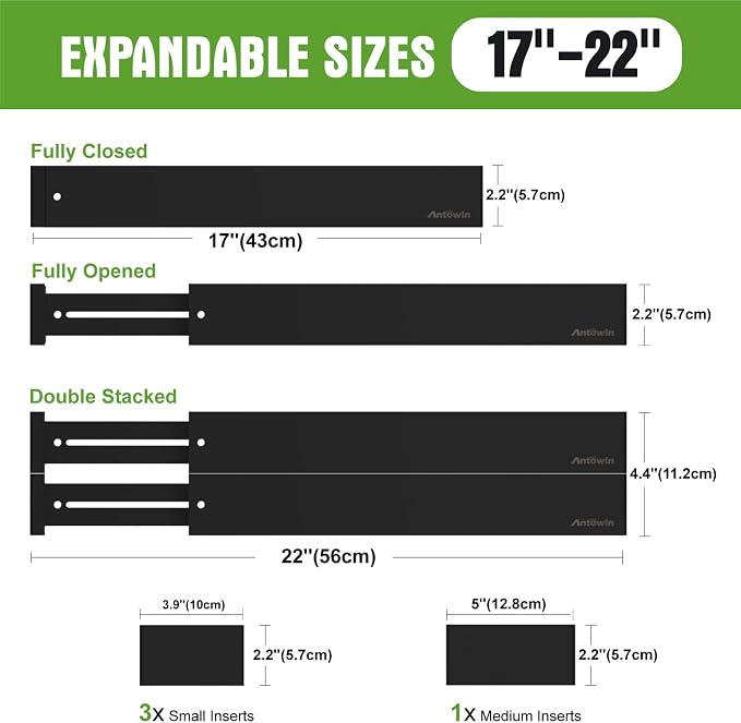 Bamboo Drawer Dividers Organizers, Expandable Drawer Separators Splitter,17-22 inches Long Adjustable Spring-loaded Organizer for Large Utensil, Clothes, Tools Drawers (Black)