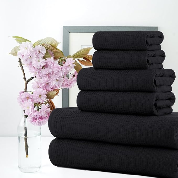 CASA COPENHAGEN Waffle 6Pcs 100% Egyptian Cotton Large Designer Towels Gift Set- Black, 2Bath 2Hand 2Washcloths, Bath Towels for Bathroom (Box Pack, Set for Women & Men)