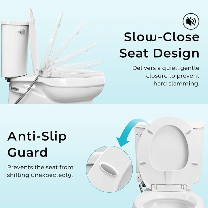 Bidet Toilet Seat,Non-Electric Quiet-Close,Fits Round Toilets,Adjustable Water Pressure and Self-Cleaning Dual Nozzles