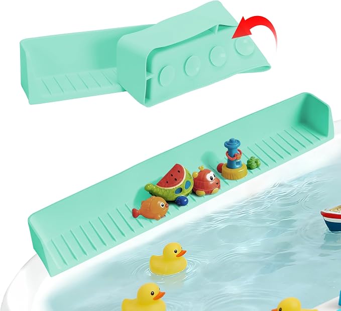 Bathtub Splash Guard for Tub Kids- Silicone Bath Play Shelf | 31" Extra Long Toy Tray & Caddy Holder, Prevent Water Spills & Messy Floors, Tub Edge Guard for Bathroom- Light Green