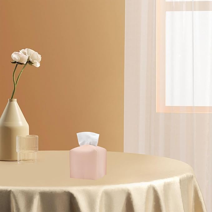 1PC Square Tissue Box Cover, PU Leather Square Tissue Box Holder with Bottom Belt Modern Tissue Box Organizer for Bathroom/Car/Hotel/Office (5.25”x5.25”x5”, Pink)