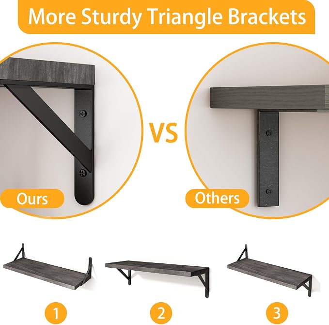 YGEOMER 4 Different Sizes Floating Shelves for Wall Decor, Weathered Gray | Rustic wood shelves in mixed sizes for flexible combined storage. Fits bathroom, kitchen, living room, bedroom and office.