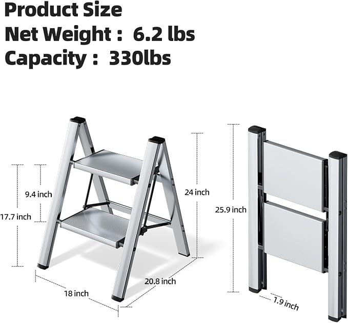 HillhutApex Aluminum Step Stool Foldable,2 Step Ladder (Silver) | Lightweight Portable step ladder with Anti-Slip Wide Pedal,330lbs Capacity Ladder for Household,Office,Kitchen