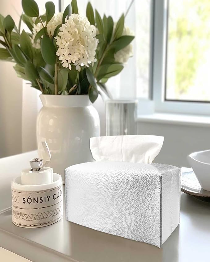 Rectangle Tissue Box Cover Silver - Normal Size Leather Rectangular Tissue Box Cover [JESMINI] Faux Leather Tissue Box Holder Long for Normal Rectangular Facial Tissue Box