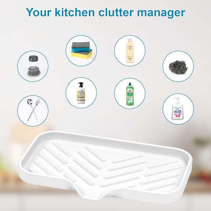 Silicone Kitchen Soap Tray, Sink Tray,White, [Size: 9.5 x 5 inch] | Sponge Holder for Kitchen Counter Soap Bottles and Organizer with Drain Spout