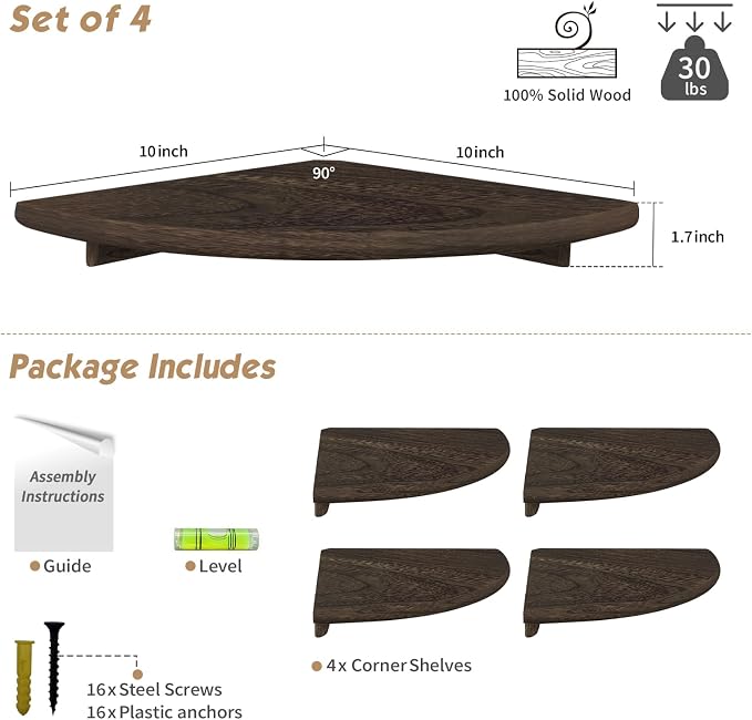 Forbena Floating Corner Shelves for Wall Set of 4, Small Corner Bookshelf for Bedroom Books, Round Wooden Corner Shelf Wall Mount for Bathroom Plants, Kitchen, Living Room Decor (Dark Brown)