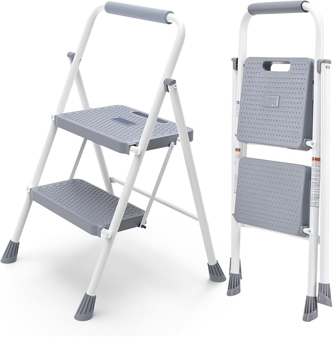 OLIXIS 2 Step Ladder, 800lbs Foldable Step Stool with Anti-Slip Pedal | Heavy Duty Portable Stepping Stool with Sturdy Steel Ladder & Comfortable Handrail, for Kitchen, Garage, Outdoor Use - Grey