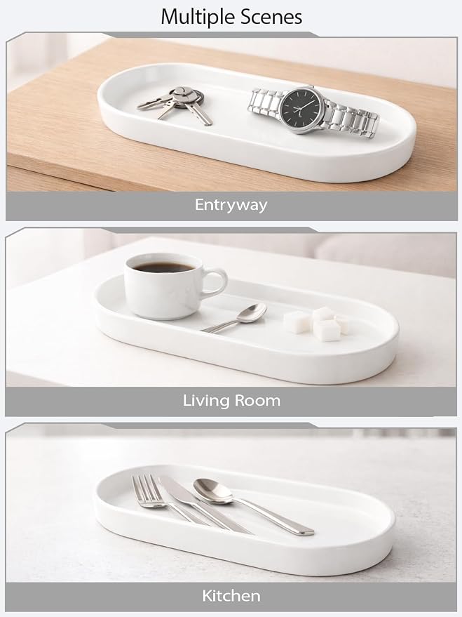 Matte White Ceramic Bathroom Tray for Countertop, Minimalist Vanity Organizer Dish for Perfume, Jewelry & Soap, Oval Decorative Tray for Bathroom Sink, Dresser, Coffee Bar or Kitchen Counter