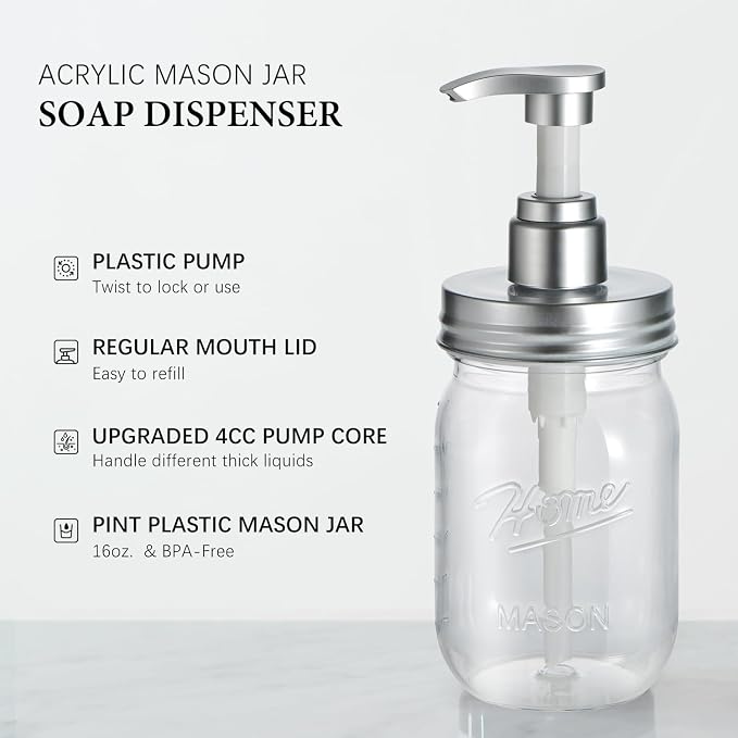 Amolliar Plastic Mason Jar Soap Dispenser with Pump Lid 16OZ - 4 Pack | Refillable BPA-Free Hand Soap Dispenser Set with Cute Lables, Farmhouse Decor for Kitchen Bathroom Liquid Dish Soap Lotion