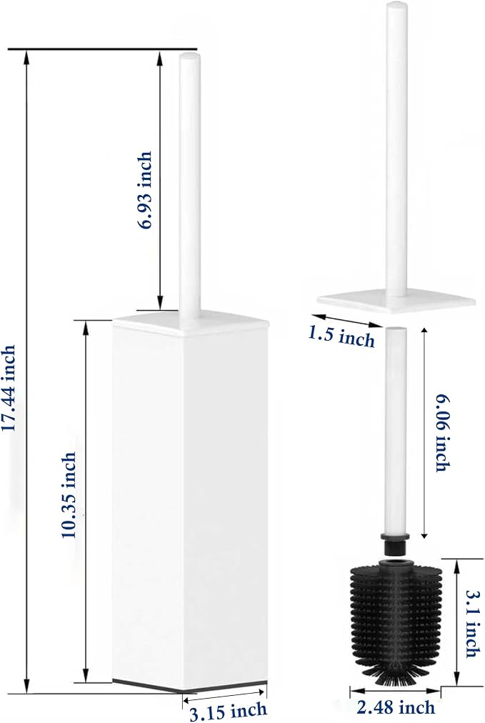 RUACQ Toilet Brush and Holder Set, Square, White | SUS304 Stainless Steel Handle, Toilet Cleaner Brush with Durable Scrubbing Bristles, Splash-Proof
