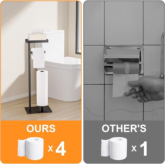 Freestanding Toilet Paper Holder Stand with Storage, Bathroom Paper Stand | with Weighted Anti-Slip Base, Fits 4 Spare Rolls and Shelf for Phone & Small Items, No Drilling