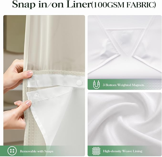 Cream Hook Free Waffle Shower Curtain & Snap-in Fabric Liner,60x75 | Less Time to install, 3 in 1 Fabric Shower Curtain and Liner Set with Magnets, Stall, Shower Curtains for Bathroom