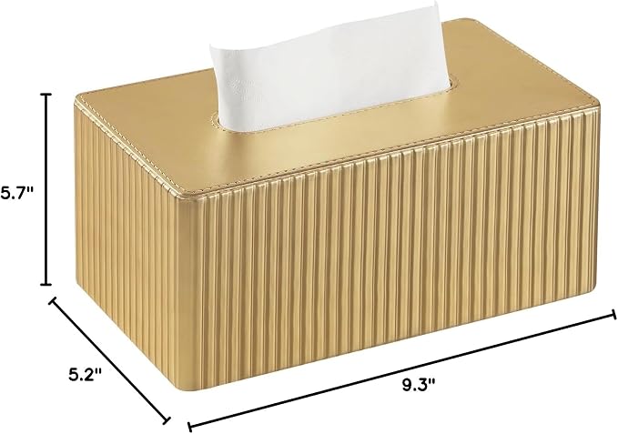 PU Leather Tissue Box Cover Rectangle, Tissue Box Holder Gold | Inner Height 4 Inches, Fits 120/160 Count Tissue Boxes, Non Slip Base, Rectangular Tissue Cover for Bathroom Nightstand