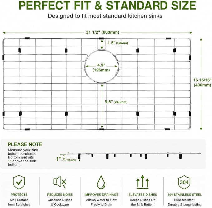 Kitchen Sink Grid and Sink Protectors, 31 1/2"x16 15/16" Sink Grid | Stainless Steel Sink Grids for Bottom of Kitchen Sinks, 31 1/2"x16 15/16" with Rear Drain for Single Bowl Sinks