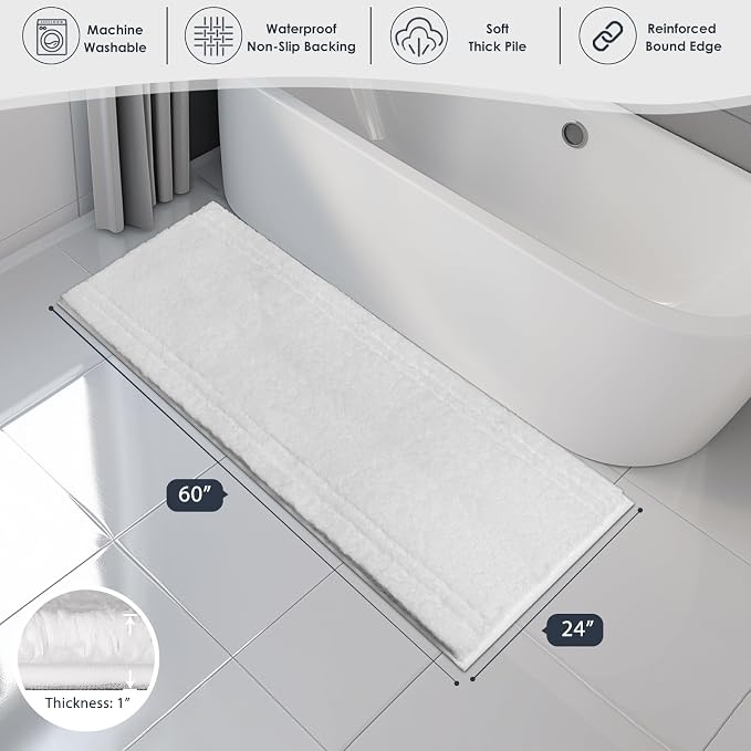 PURRUGS Bathroom Runner Rug, Bath Mat, 24" x 60", White | Machine Washable, Non-Slip, Waterproof TPR Backing, Super Absorbent, Quick Dry, Bath Rug for Shower, Bathtub, and Sink
