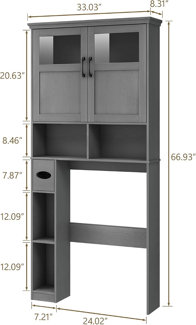 Vabches Over The Toilet Storage Cabinet with Doors & Paper Holder, Ash Grey | Vabches Freestanding Toilet Shelf Space Saver with Anti-Tip Design & Adjustable Shelf or Restroom, Bathroom, Laundry