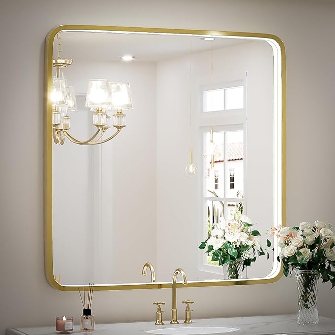 36X36 Inch LED Gold Frame Bathroom Mirror, ETL Listed | Anti-Fog,3 Color 3000K/4500K/6000K Dimmable,Horizontal & Vertical,Wall Mounted,Memory Function