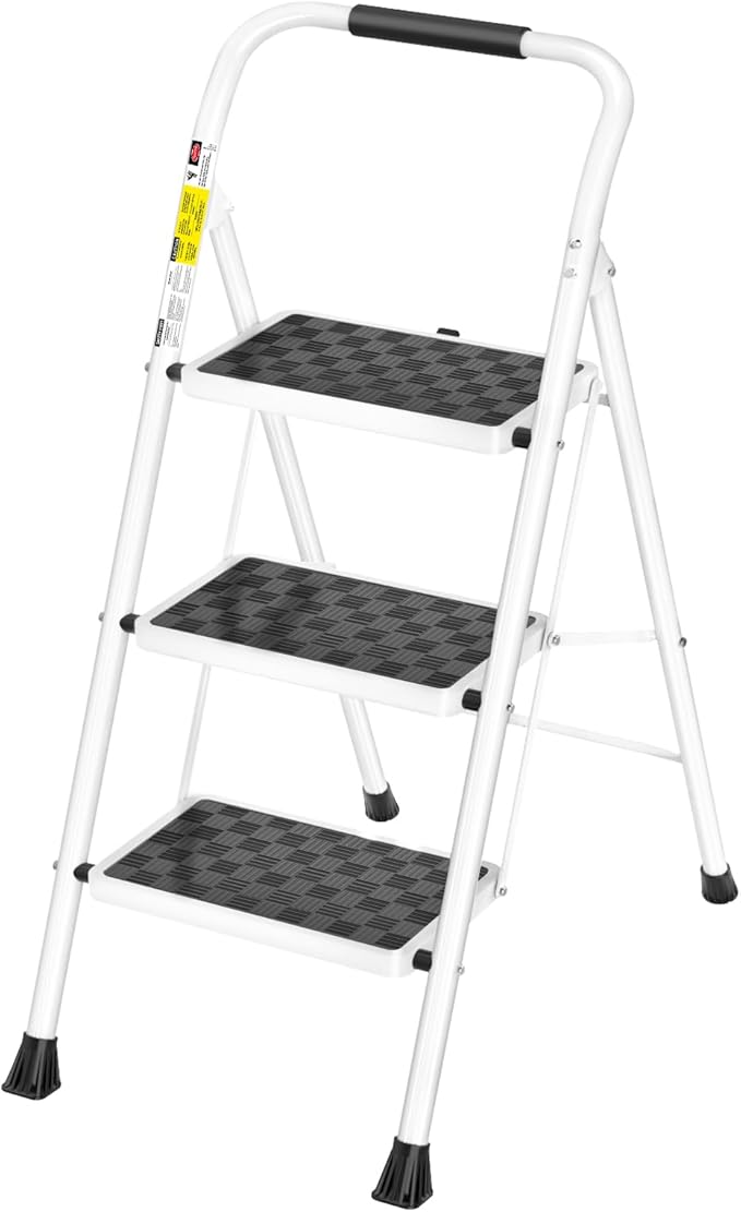 HBTower 3 Step Ladder, 3 Step Stool for Adults Folding Step Stool | with Cushioned Handle with Wide Anti-Slip Pedal Ergonomic Design