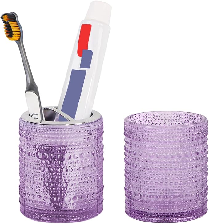 Glass Toothbrush Holder, Purple Bathroom Toothbrush Holder Set, 10oz Bathroom Tumbler Cup, Bathroom Storage Cup Organizer for Tooth Brush, Toothpaste and Makeup Brush