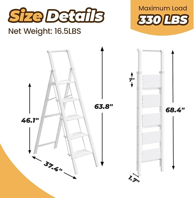 HBTower 5 Step Ladder, Lightweight Aluminum Folding Step Stool | Anti-Slip Wide Pedal, 330lbs Capacity Step Ladder for Household Kitchen Office, White