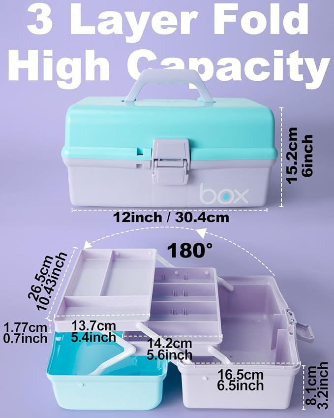 TERGOO 12in 3-Layer Plastic Craft Organizers and Storage, Portable Folding Tackle Box with Handle & Adjustable Dividers, Multipurpose Case for Sewing, Art Supplies, Medicine, Tools (Purple Blue)