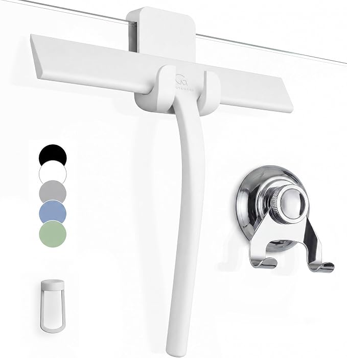 Silicone Shower Squeegee for Glass Doors & Mirrors with Stainless Steel Core, Streak-Free & No-Squeak Window Cleaning, 3-in-1 No-Drill Mount (Hook/Suction/Adhesive),White, 9 Inches