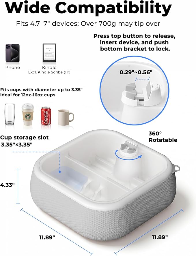 Viozon Couch Cup Holder Tray, EPP Foam Floating Bathtub Tray & Pool Caddy with 360° Adjustable Phone Stand Dock, Detachable Snack Drink Organizer for Sofa Bed (Grey)