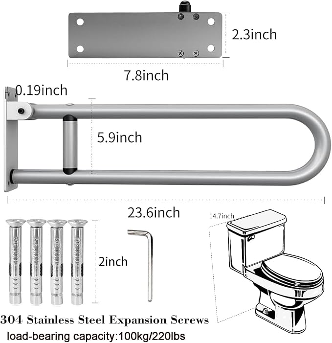 24 Inch Toilet Grab Bar Flip Up Aluminum Alloy Handicap Rails Grab Bars Toilet Rail Bathroom U Shaped and Wall Mount Safety for Seniors Elderly Disabled Pregnant Injured Patients-Metallic
